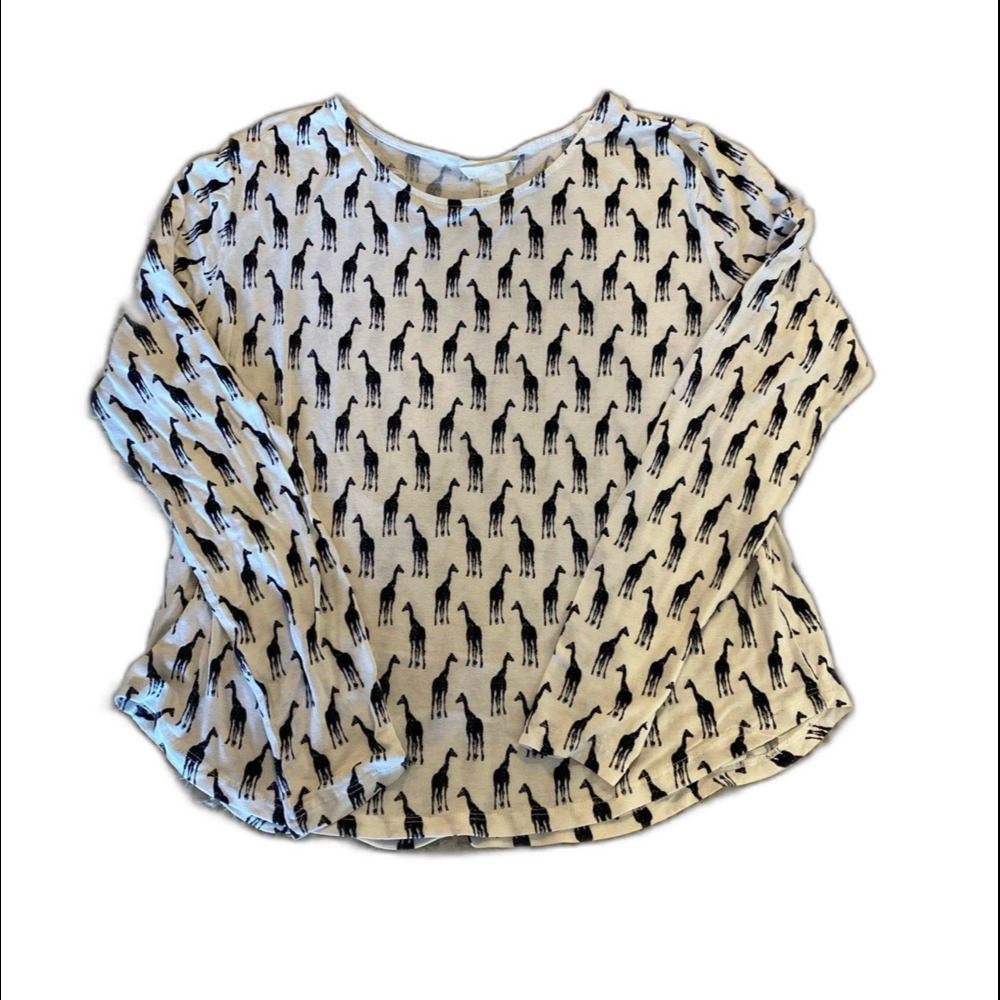 H&M Long Sleeve‎ Animal Print Shirt Sz Large White w/ Navy Giraffes Lightweight